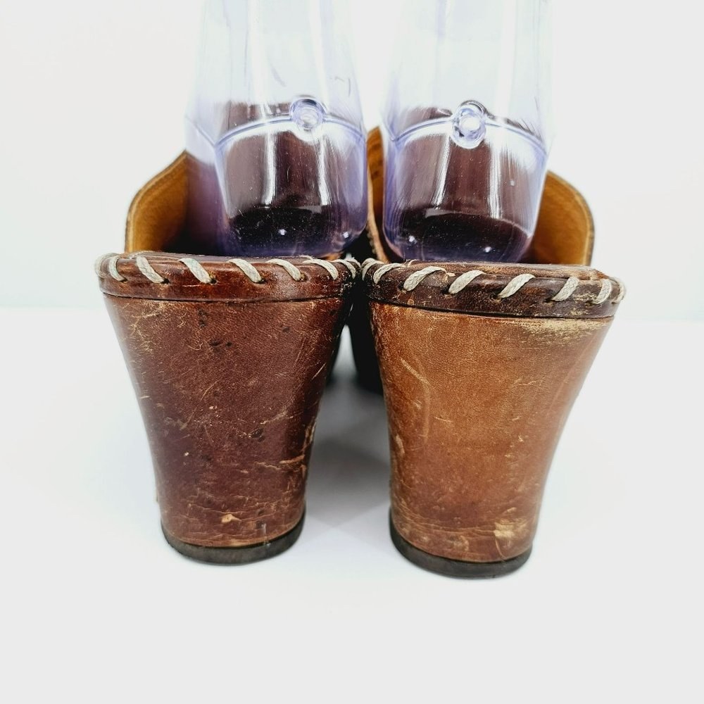 Frye Charlotte Ring Mules Clogs 9.5 M Brown Leather Distressed Stitched Rivets - Picture 8 of 16